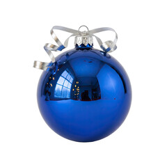 Glossy Blue Christmas Ornament with Silver Ribbon and Reflected Window Light on Black Background