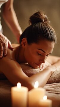 Serene Spa Treatment: Experience ultimate relaxation as gentle hands soothe a woman's back in a tranquil spa setting, amidst the soft glow of candles and a moment of pure zen.