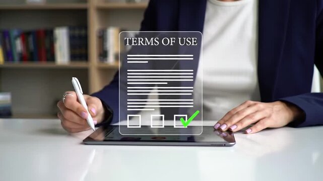 Digital Agreement and Terms of Use Acceptance. Professional Signing Online Contract on Tablet. Tech-Savvy Workspace with Legal Compliance.