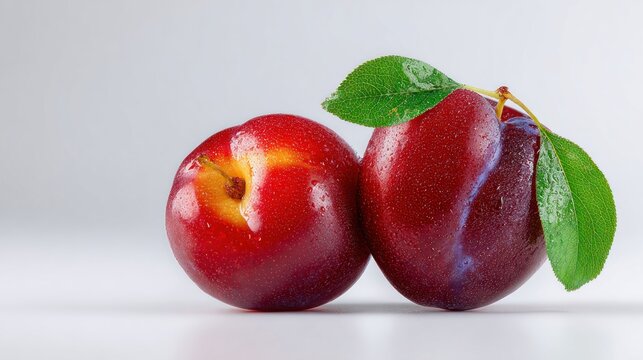 Two ripe, red plums with green leaves on a white background.