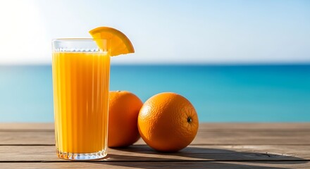Glass of orange juice with oranges on a wooden table by the sea citrus fruit