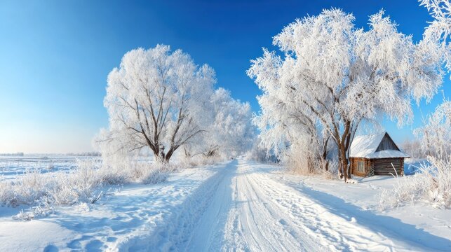 A serene winter landscape with a snow-covered path leading to a wooden cabin under a clear blue sky.