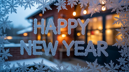 Frosty Happy New Year window lettering with snowflakes and warm festive lights in winter night
