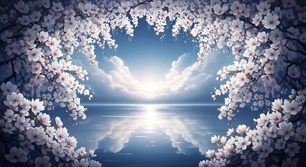 Cherry blossoms framing a serene ocean and sky with sunlit clouds sakura flowers
