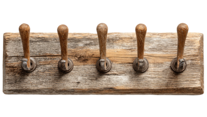 Rustic five-hook wooden rack, weathered, aged, farmhouse style