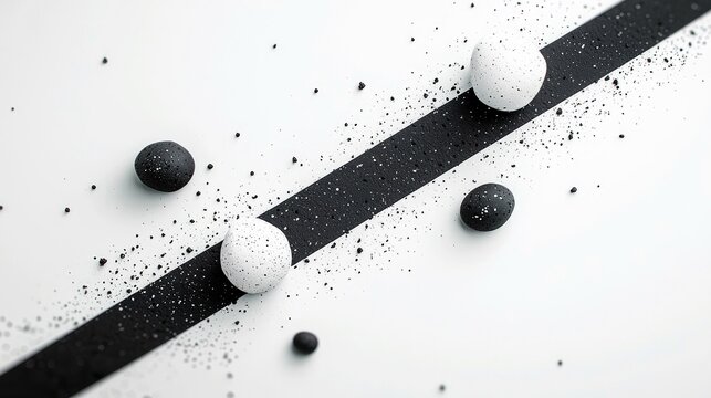 A minimalist arrangement of speckled spheres, both black and white, scattered across a white surface with a bold black diagonal stripe. - Powered by Adobe