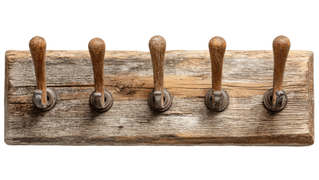 Rustic five-hook wooden rack, weathered, aged, farmhouse style