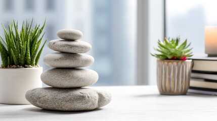 A stack of five stones on a white table with a green plant and a candle in the background.