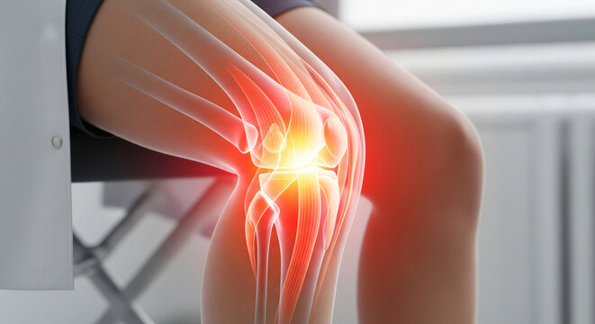 Human knee joint with painful rheumatoid arthritis disease area glowing red.