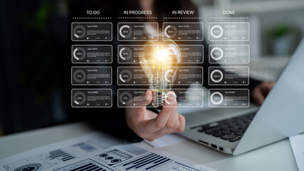 Task management tool dashboard showing kanban-style workflow with columns for to do, in progress, in review, and done, including task cards, progress, and team icons Latch