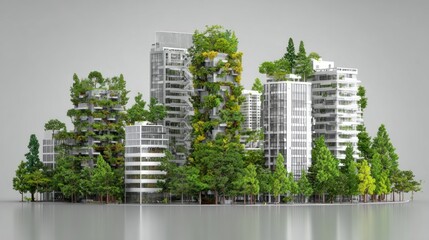 A futuristic cityscape with green trees and buildings, featuring a mix of modern and natural elements.