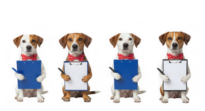Four jack russell terrier dogs holding clipboard isolated on transparent background