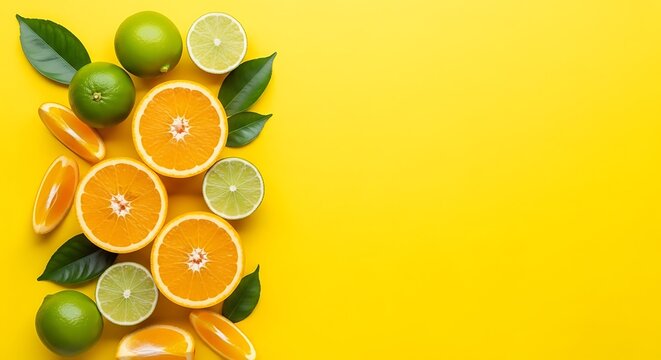 Assorted Citrus Fruits And Leaves Arranged On Yellow Background orange lime
