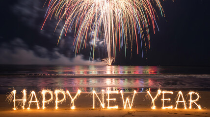 Sparkler-written Happy New Year message on beach with fireworks reflecting over ocean at night