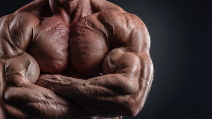 A muscular man with arms crossed, showcasing his biceps and chest muscles against a dark background.