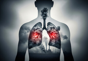 Dark double exposure of human lungs filled with urban skyscrapers and emitting smoke, emphasizing the deadly effects of air pollution, industrial emissions, and the urgency of environmental reform