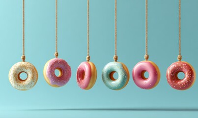 Row of glazed donuts suspended by ropes against blue background