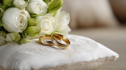Two wedding rings on a lace pillow with a bouquet of white roses.
