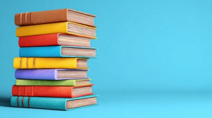 A stack of colorful books on a blue background.