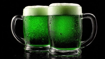 Two green beer mugs with frothy heads on a black background.