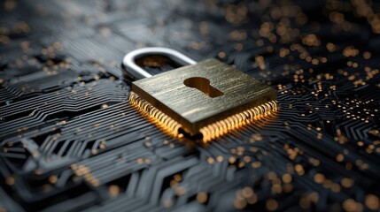 A golden padlock on a circuit board with a black background.
