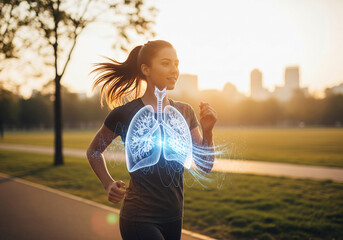 Breathing Free: A vibrant illustration of a fit runner enjoying a healthy run with emphasis on strong lungs. Illustrating healthy breath, strength and exercise.