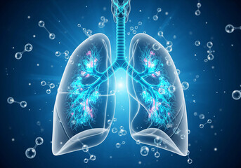A futuristic medical illustration of the human respiratory system, with glowing blue lungs and bronchial tree.