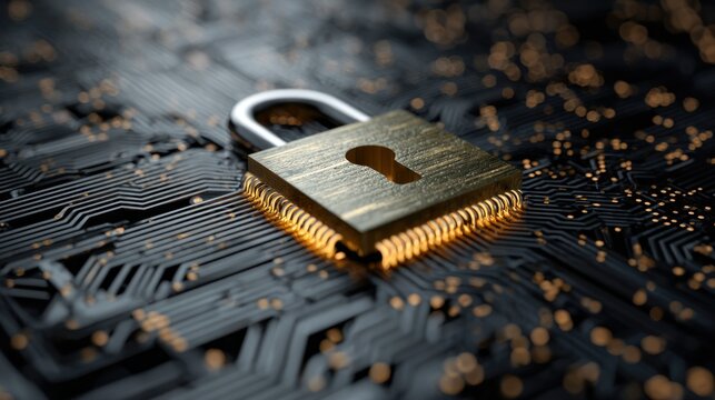 A golden padlock on a circuit board with a black background.