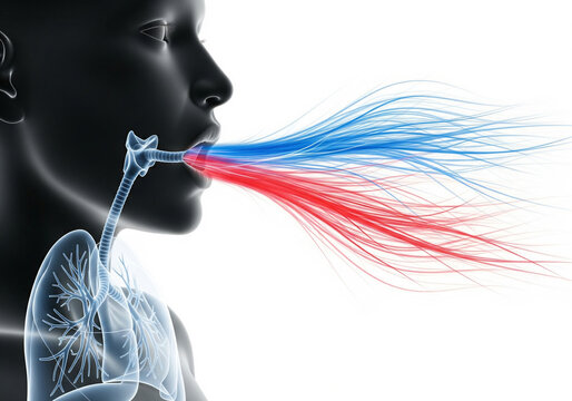 Medical illustration of a woman coughing, blue and red mist lines, showing inflammation in the respiratory tract and diaphragm.