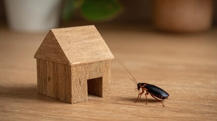 A small wooden house with a cockroach standing in front of it.