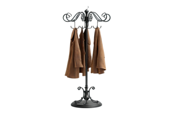 Ornate dark metal coat rack holds brown jackets on black