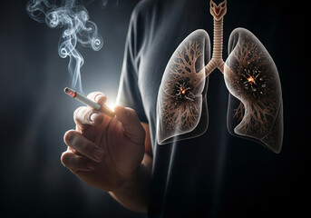 Conceptual black lungs with cigarette and smoke background showing smoking damage and respiratory diseases