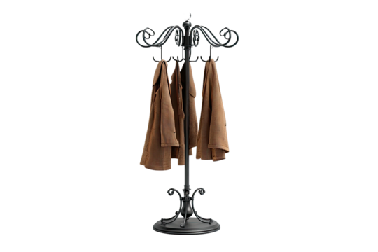 Ornate dark metal coat rack holds brown jackets on black