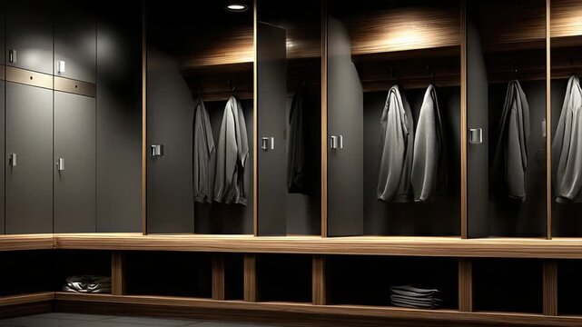 Interior view of a modern locker room with dark gray lockers and wooden accents. Gray jackets hang inside