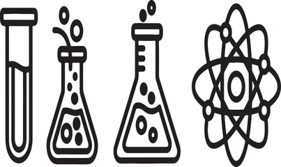Three simple line art icons representing science and chemistry laboratory equipment and an atom symbol isolated on white background.