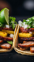 Macro fresh layered tacos al pastor pineapple cilantro lime