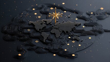 A stylized, dark world map composed of small dots, with flowing black lines and glowing golden geometric shapes and a central golden starburst.