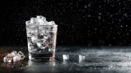 A glass of ice cubes on a dark surface with water droplets.