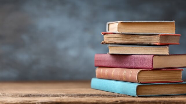 A stack of books on a wooden table with a dark background.