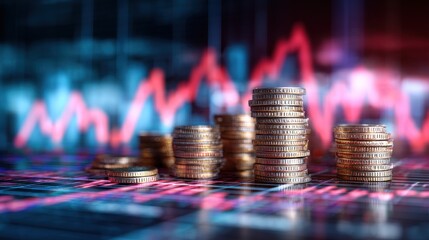 Stack of coins on a stock market graph.