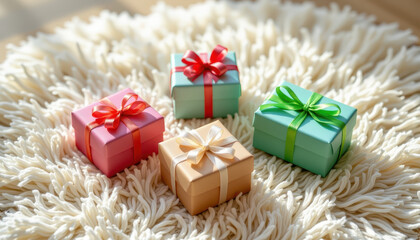 Colorful gift boxes arranged on soft, fluffy rug create cheerful and inviting atmosphere, perfect for celebrations and special occasions