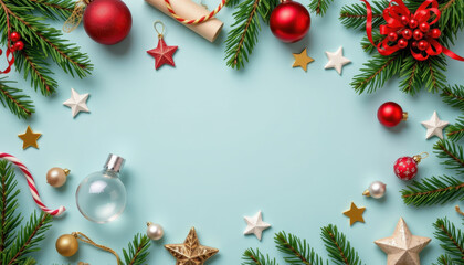 Holiday decorations create festive atmosphere with ornaments, stars, and greenery arranged beautifully on light blue background. scene evokes joy and celebration