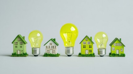 A row of green and yellow lightbulbs with green and yellow houses in front of them.