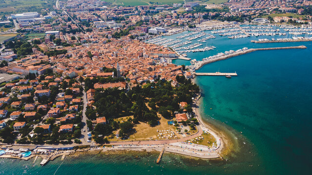 Aerial view of beach coastline and town