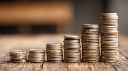 A row of coins stacked in ascending order on a wooden table.