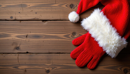 Festive red gloves and Santa hat with white fur trim are placed on rustic wooden surface, evoking warm holiday spirit. Perfect for Christmas celebrations and winter festivities