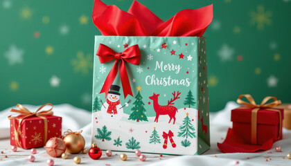 Merry Christmas gift bag with festive decorations, featuring snowman, reindeer, and Christmas trees, surrounded by wrapped presents and ornaments, creating joyful holiday atmosphere