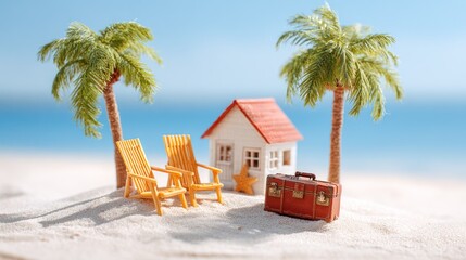 Two miniature palm trees and a small house on a sandy beach with a suitcase and two chairs.