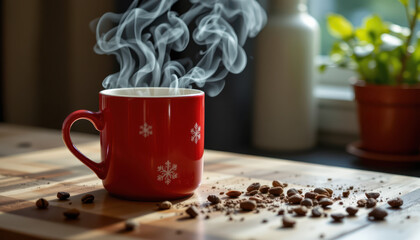 Steaming red mug sits on wooden table, surrounded by scattered coffee beans. warm atmosphere evokes cozy feeling, perfect for enjoying hot beverage