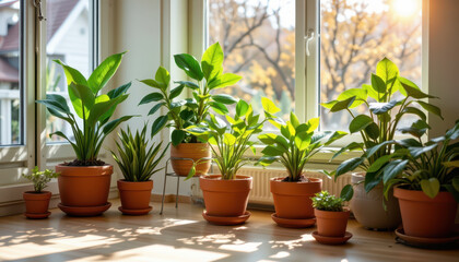 Indoor plants create vibrant atmosphere, enhancing beauty of space with their lush green leaves and various shapes. sunlight streaming through window adds warmth and life to scene, making it